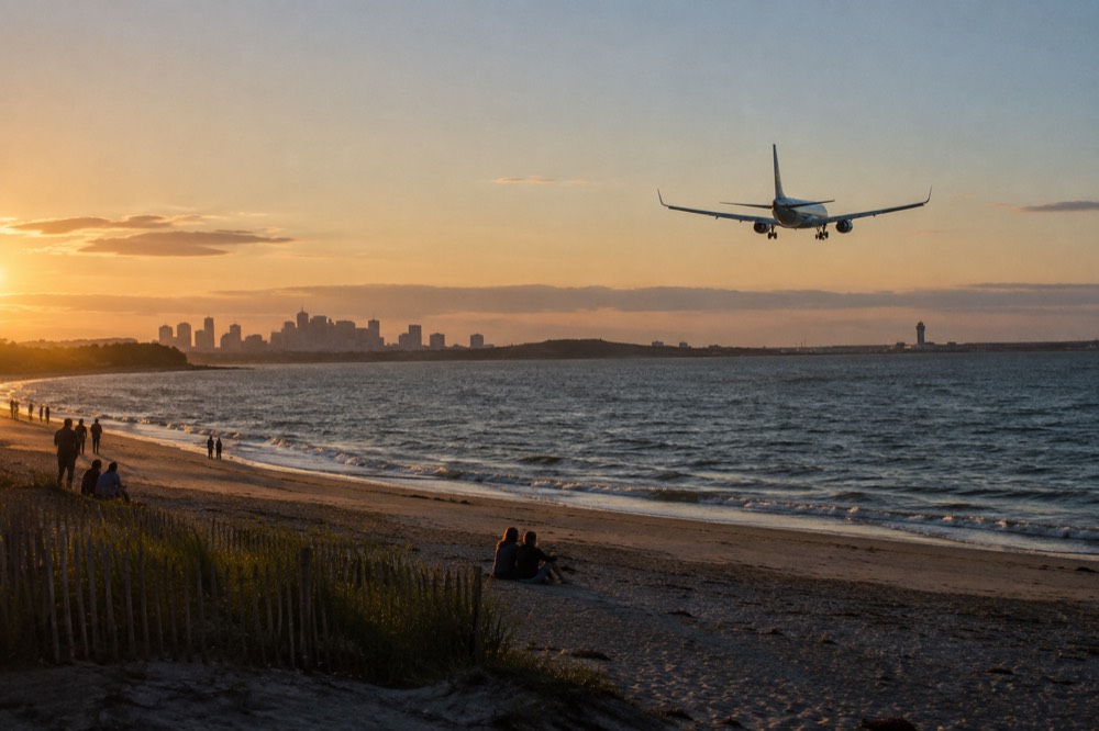 A sandy beach with a runway approach path and aircraft overhead