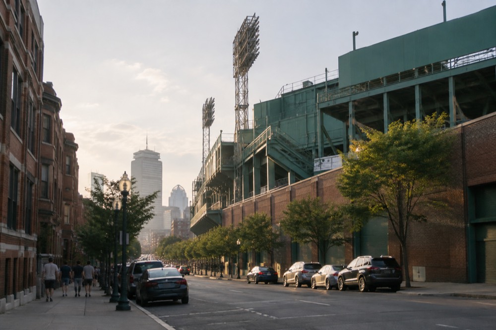 Fenway Park's green wall and grandstand rising above a Boston street