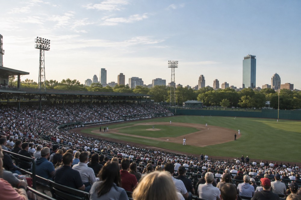 A packed crowd fills the grandstand seats of an old ballpark in daylight