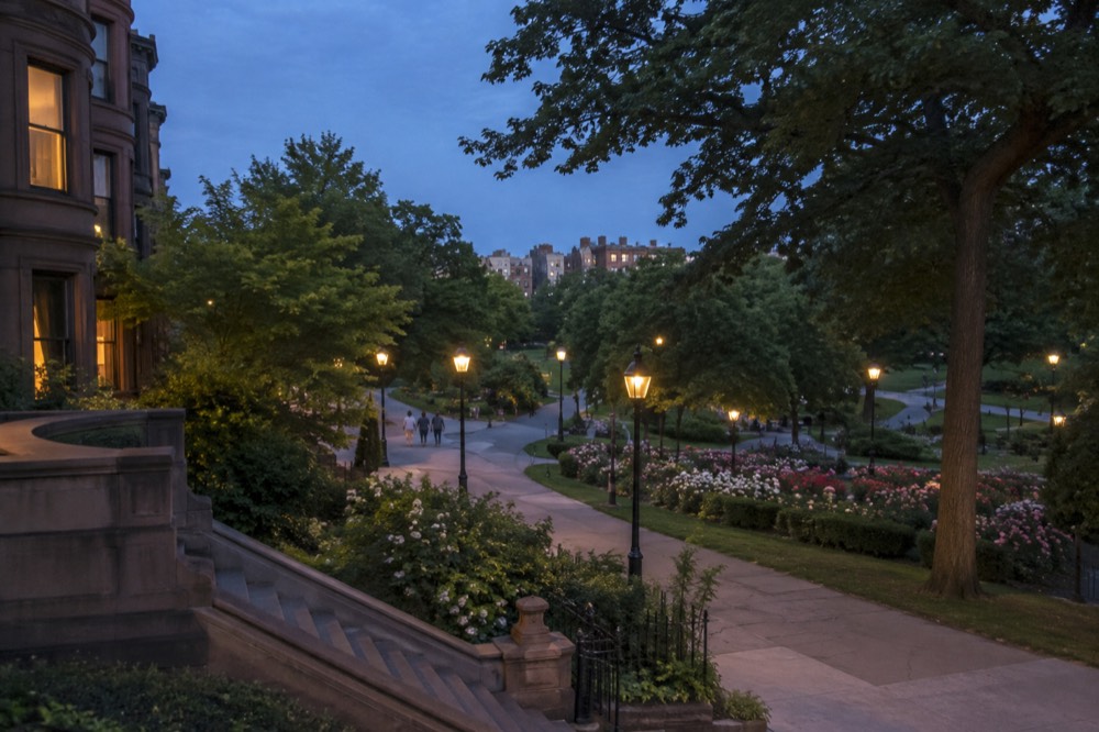 The Back Bay Fens park with its rose garden and walking paths in summer