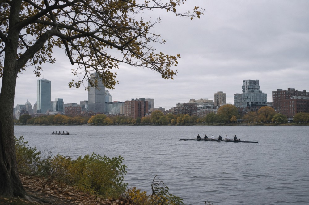 Rowers on the Charles River with the Cambridge skyline behind them