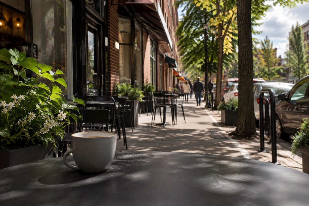 A narrow commercial street with brick storefronts, awnings and outdoor tables