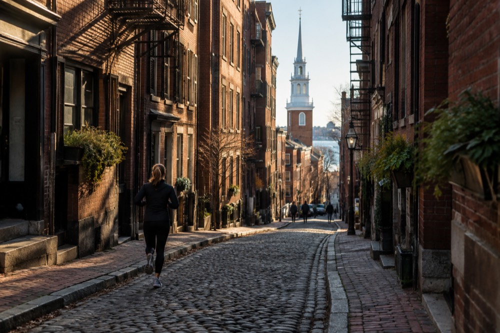 Old brick church with white steeple rising above North End rooftops
