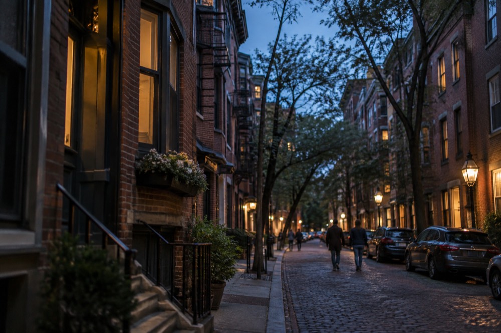 Brick row houses and a tree-lined narrow street in a dense old neighborhood