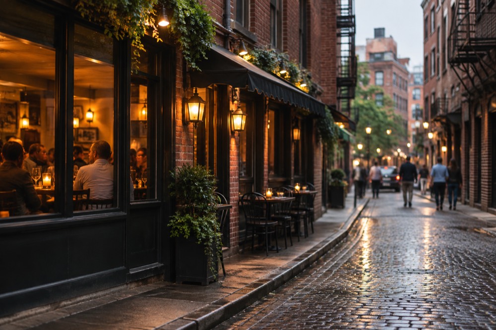 Diners at small tables inside a cozy Italian restaurant with warm lighting