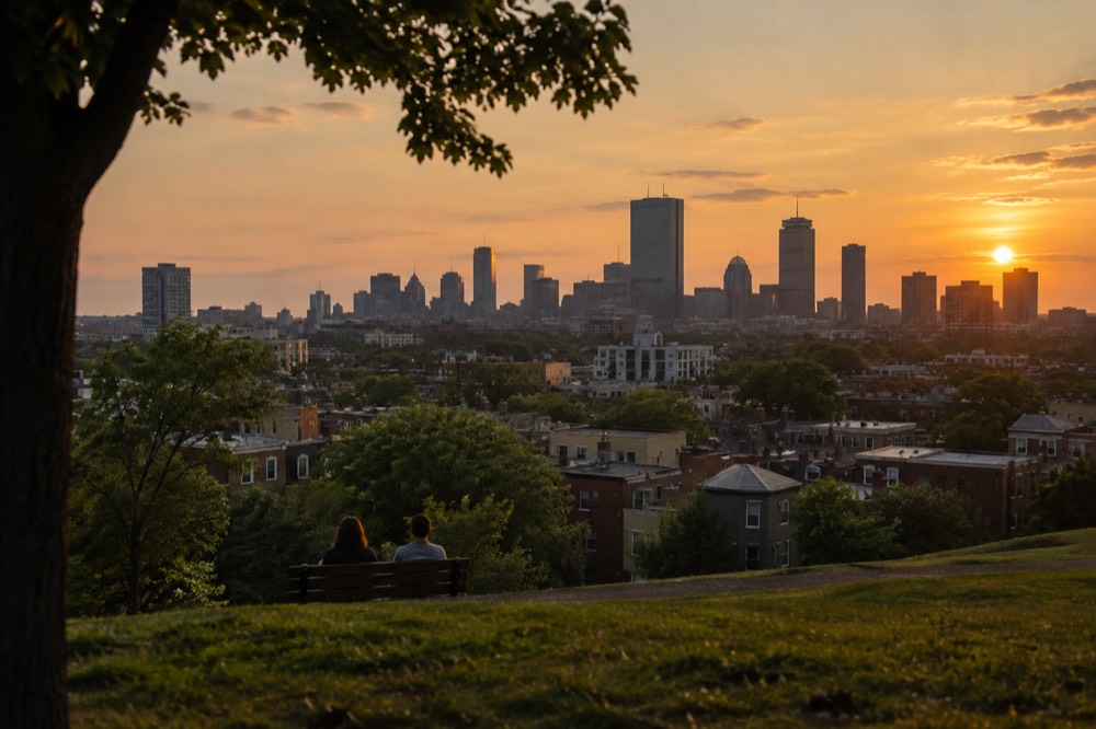 The Boston skyline seen from a hilltop in Roxbury