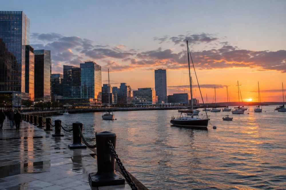 Sunset light on Boston Harbor with the Seaport District skyline and moored sailboats