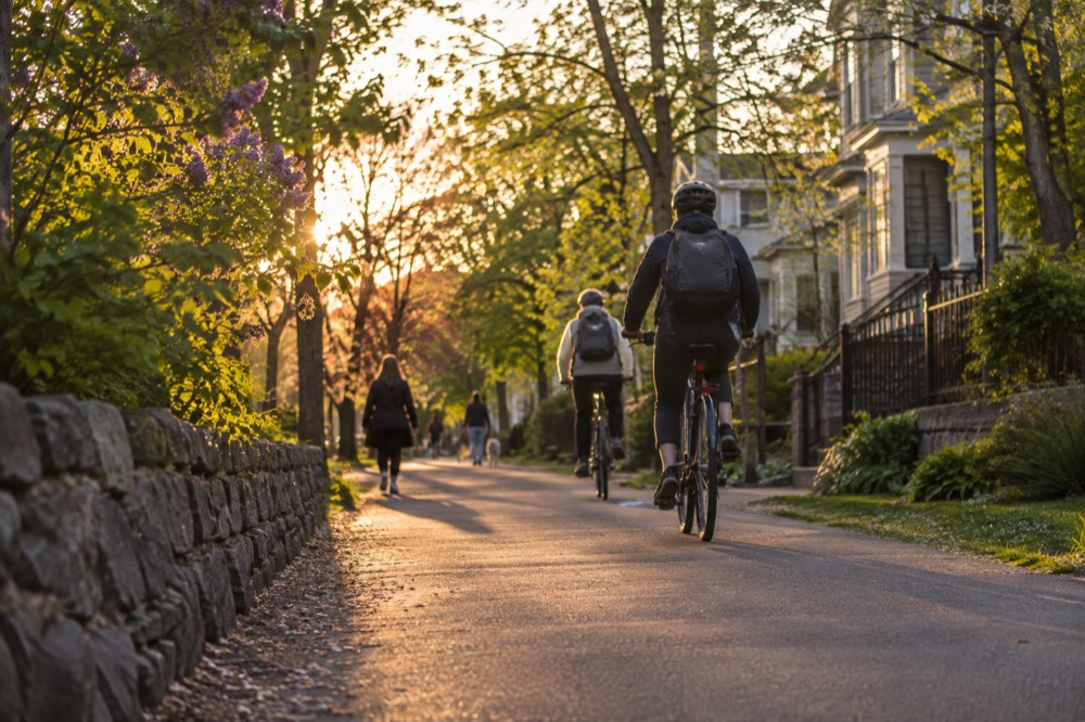 A tree-lined paved path with cyclists and walkers passing through a residential neighborhood