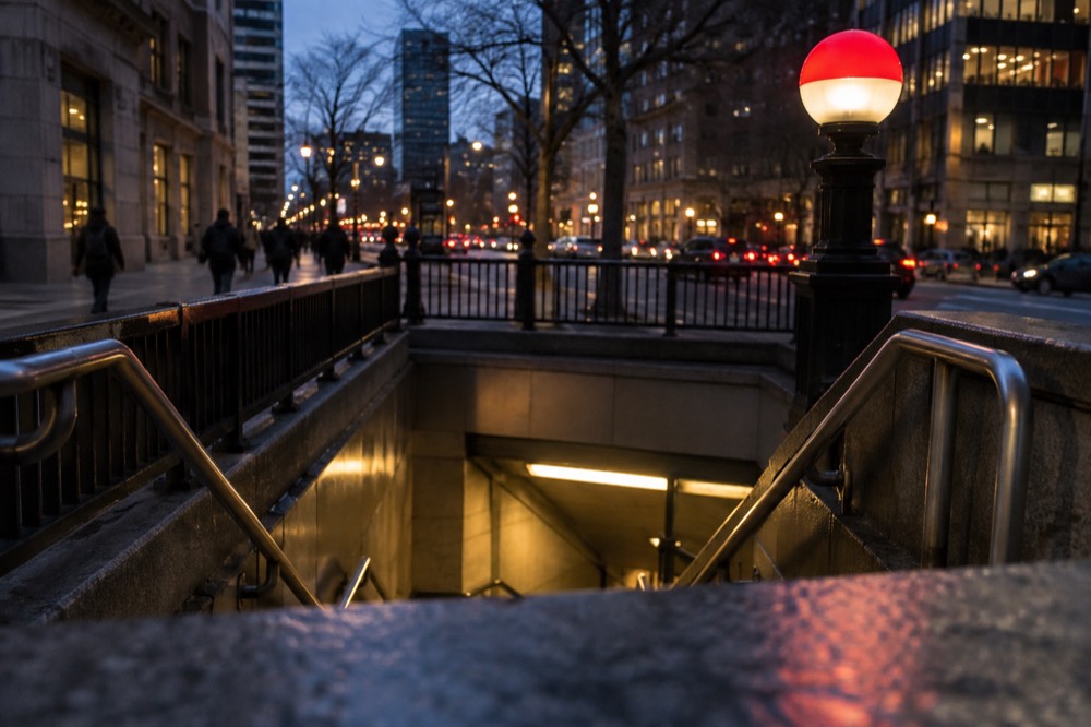 A subway station entrance with a red line sign and riders on the stairs