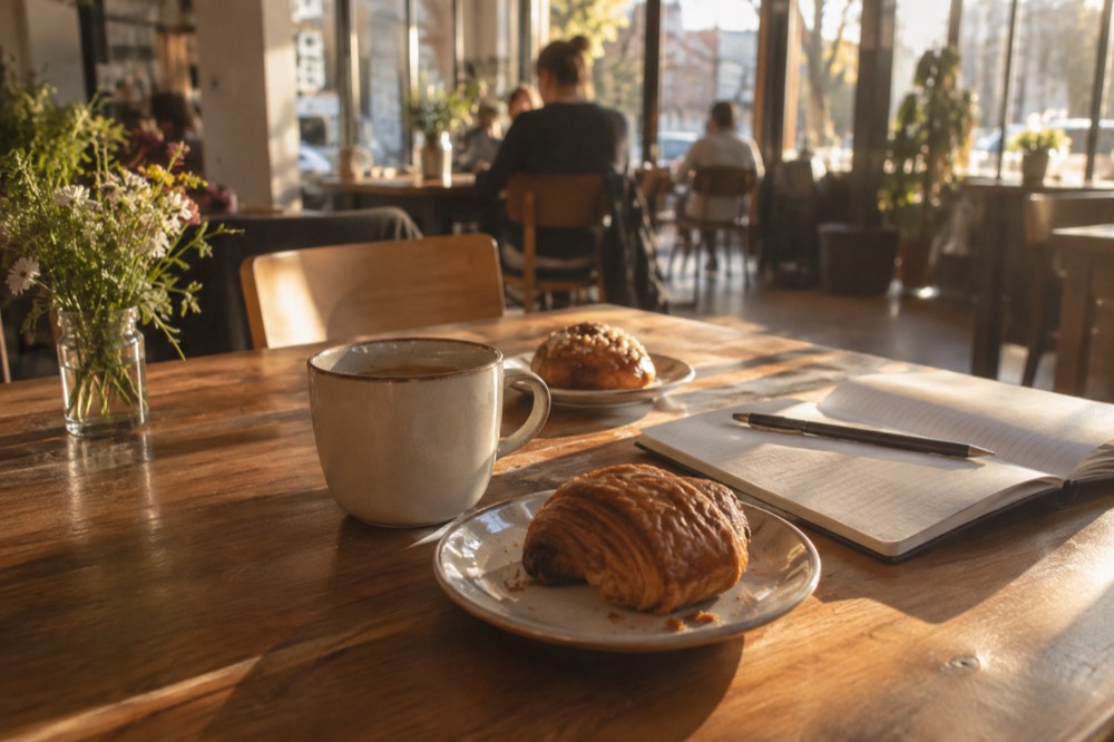 A wooden table with coffee, pastries and a notebook inside a bright cafe