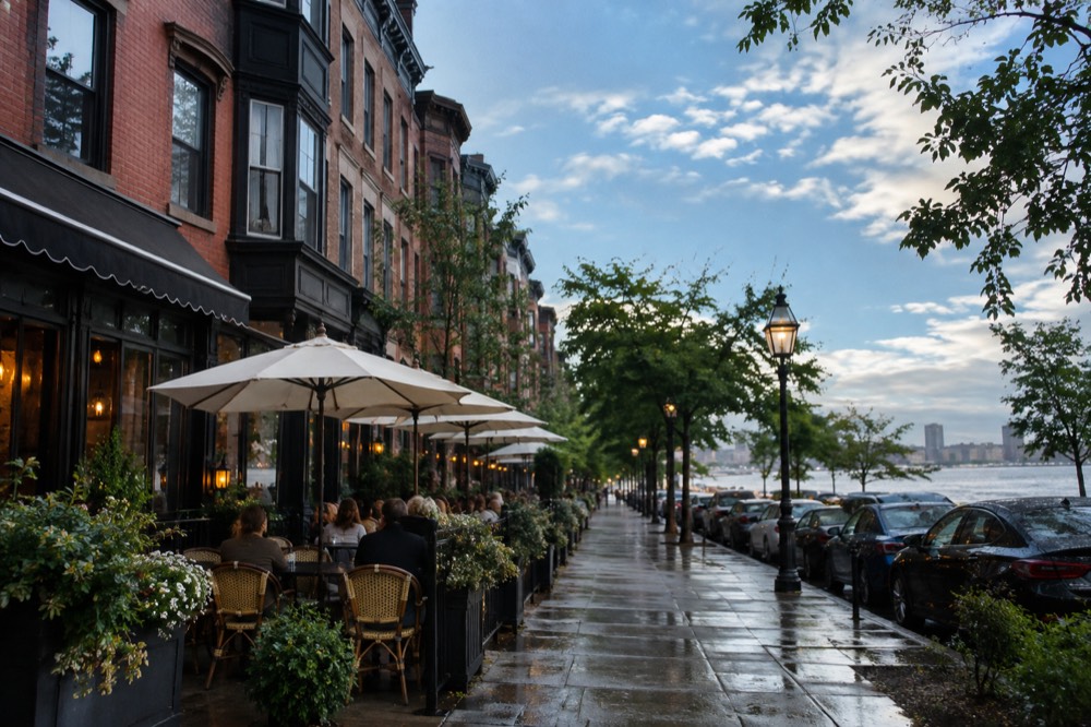 Diners seated at outdoor tables along a busy South End restaurant row