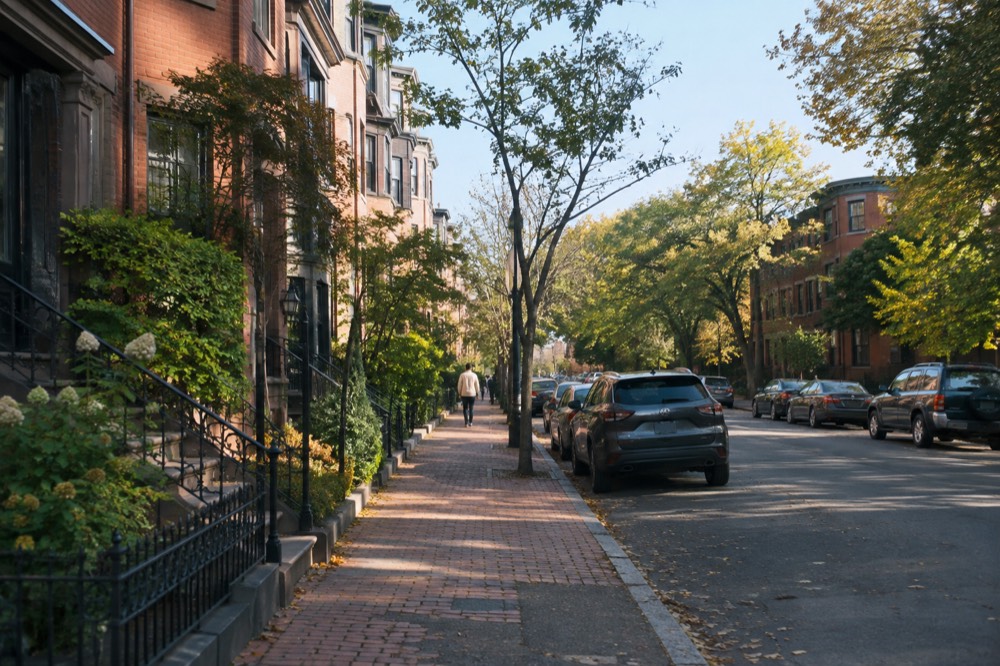 A quiet residential block of brownstones with trees in the late afternoon