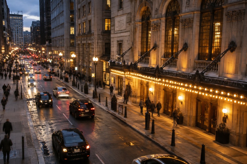 An illuminated historic theater facade at dusk on a busy Boston street
