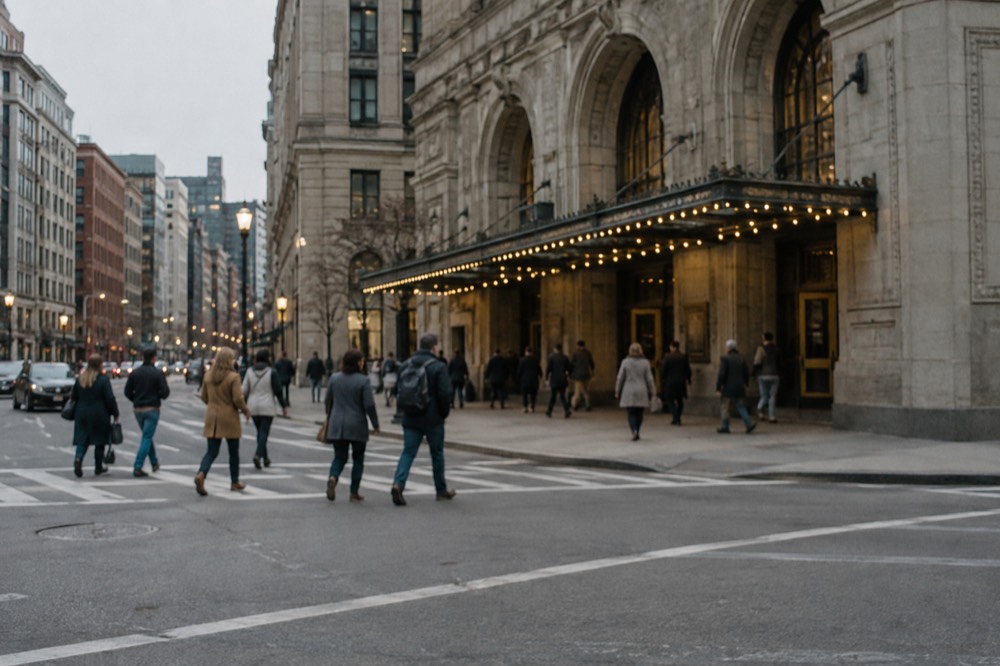 People crossing a wide Boston street in front of a stone theater entrance