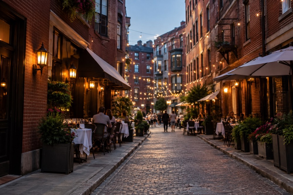 A narrow North End street with Italian restaurants and string lights in the evening