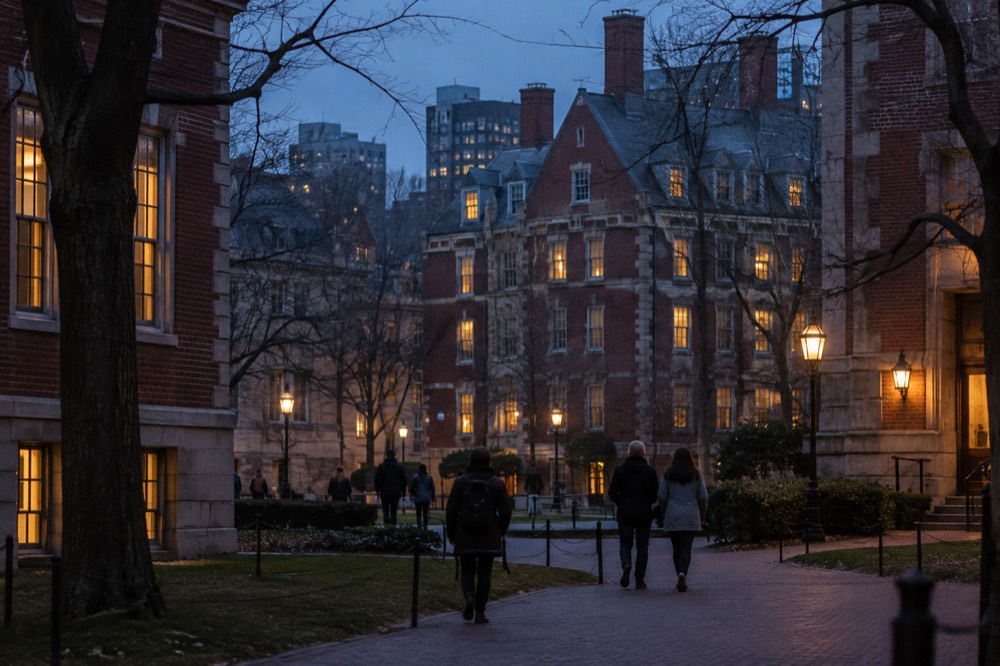 Visitors walking through a brick university quadrangle with historic hall buildings