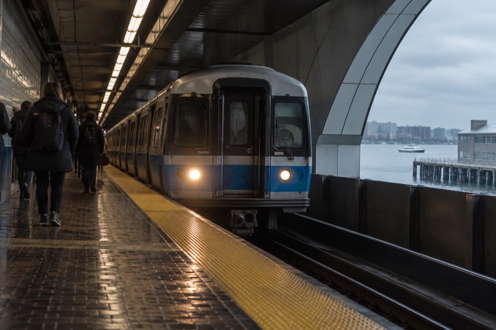 An MBTA Blue Line train arriving at Aquarium station near Boston harbor