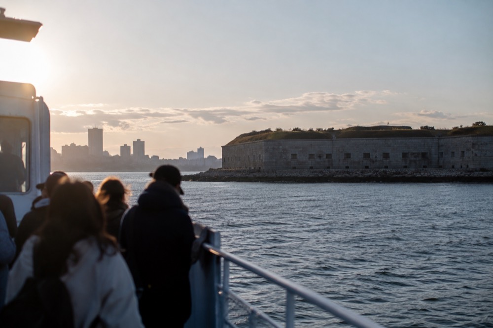 A ferry boat approaching Georges Island fort in Boston harbor