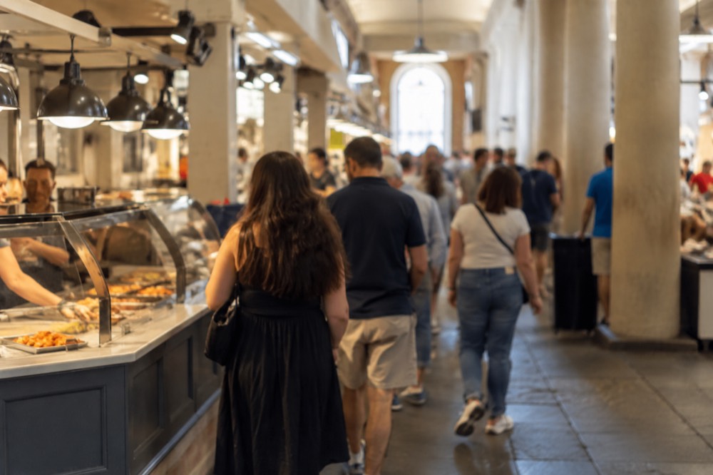 Quincy Market food hall interior with crowds at the stalls