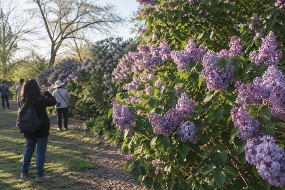Cluster of purple lilac blooms on shrubs with visitors photographing them