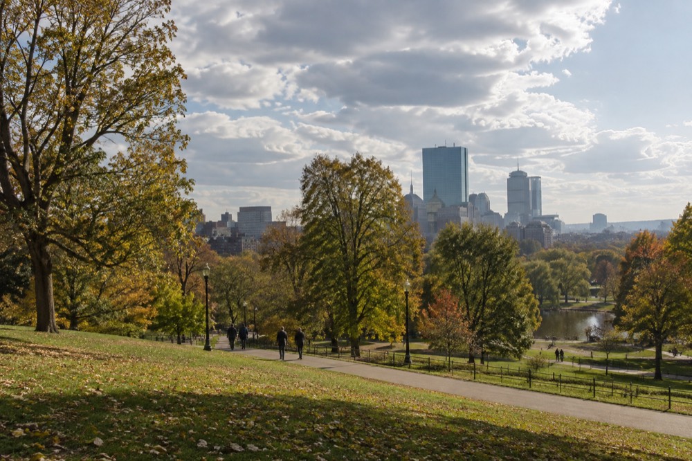 The Boston skyline seen from above with Beacon Hill and the harbor in the distance