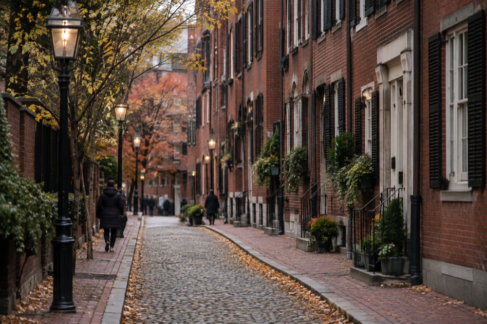 Autumn light on the brick sidewalks and rowhouses of Beacon Hill near the Boston Athenaeum