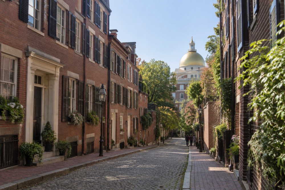 Brick rowhouses on a narrow Beacon Hill street with the gold-domed State House visible above