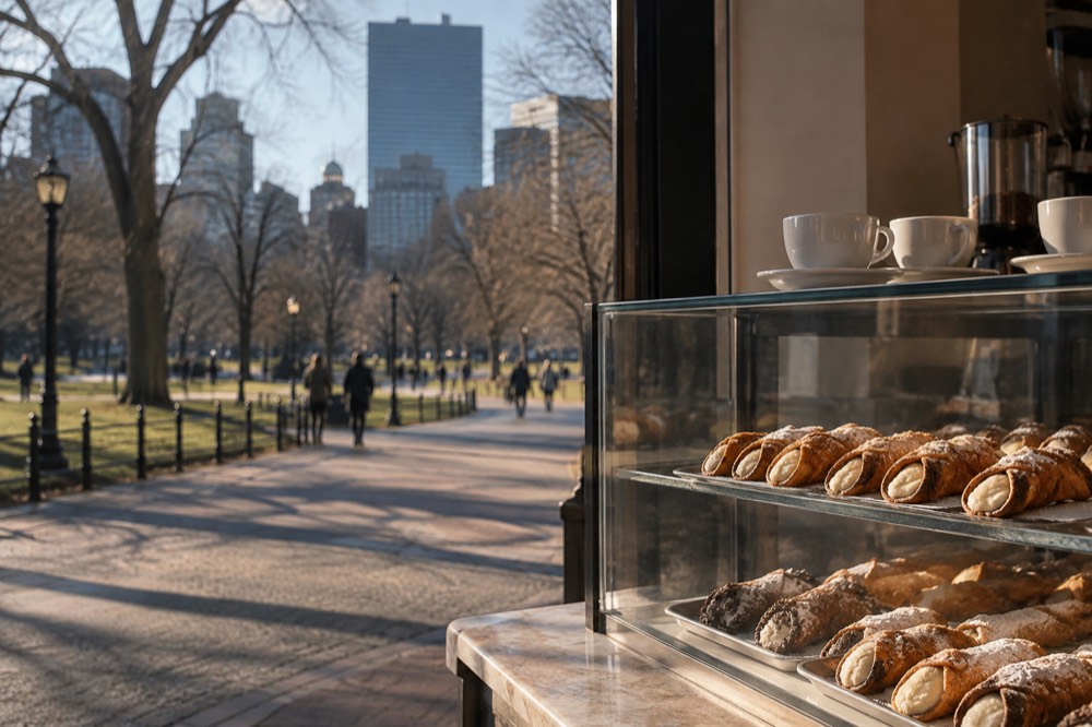 Pastry shop counter with cannoli and coffee cups in a North End storefront