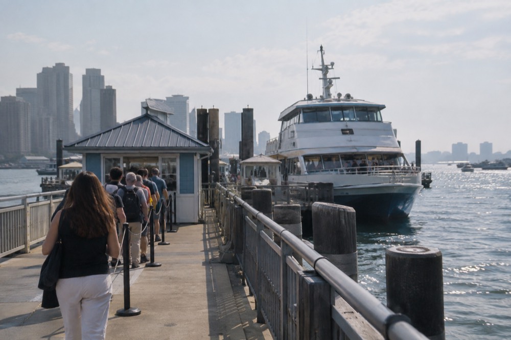 A ferry ticket booth and boarding queue at a downtown Boston waterfront pier