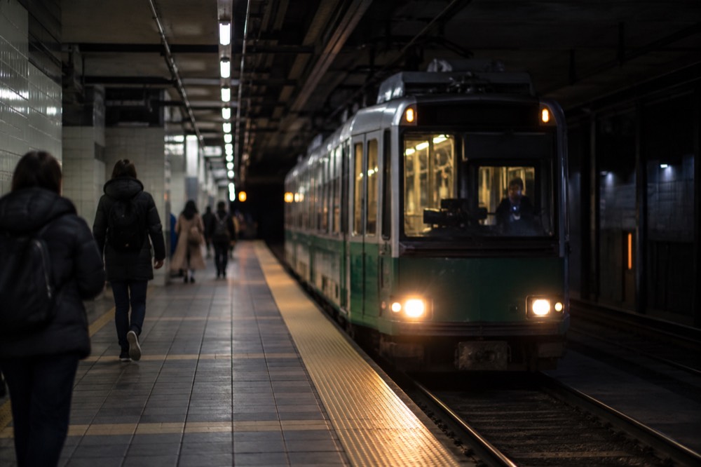 Green Line trolley arriving at an underground station with a tiled platform