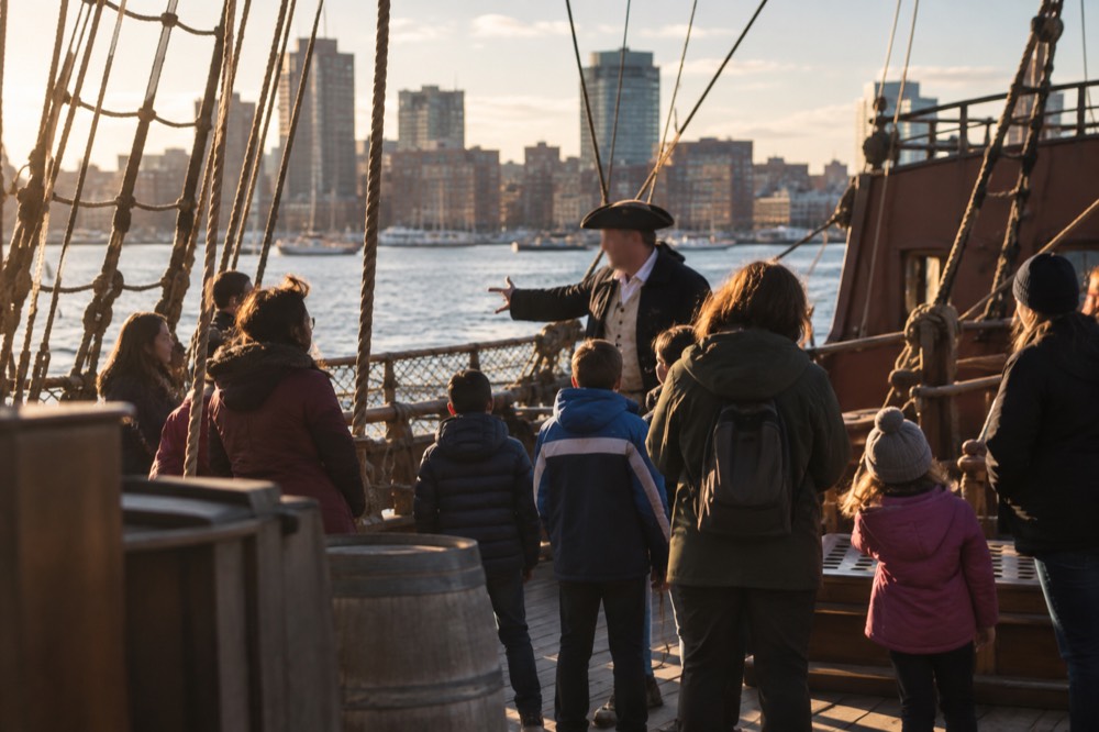 Families with children gathered around a costumed guide on a ship deck in daylight
