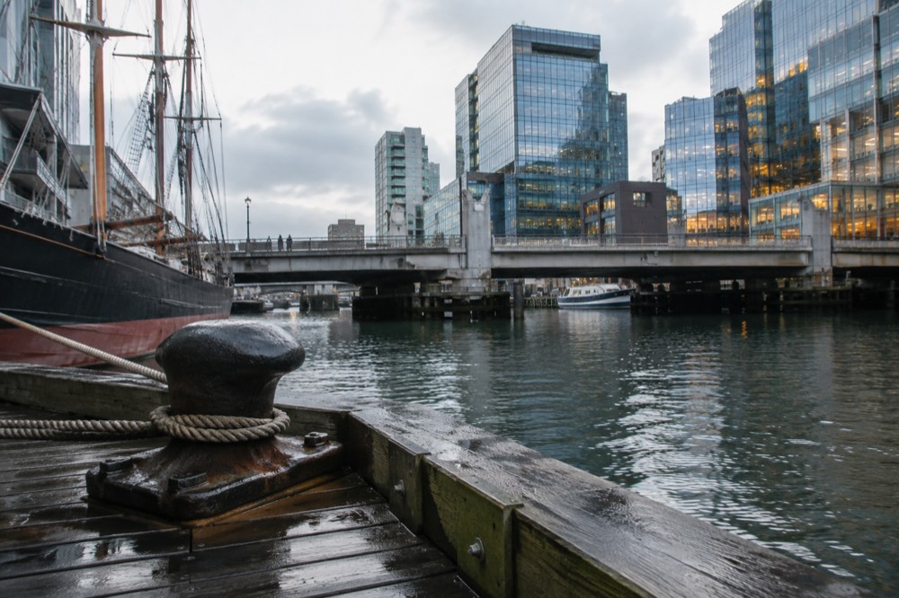 Congress Street bridge over the Fort Point Channel with museum ships moored below