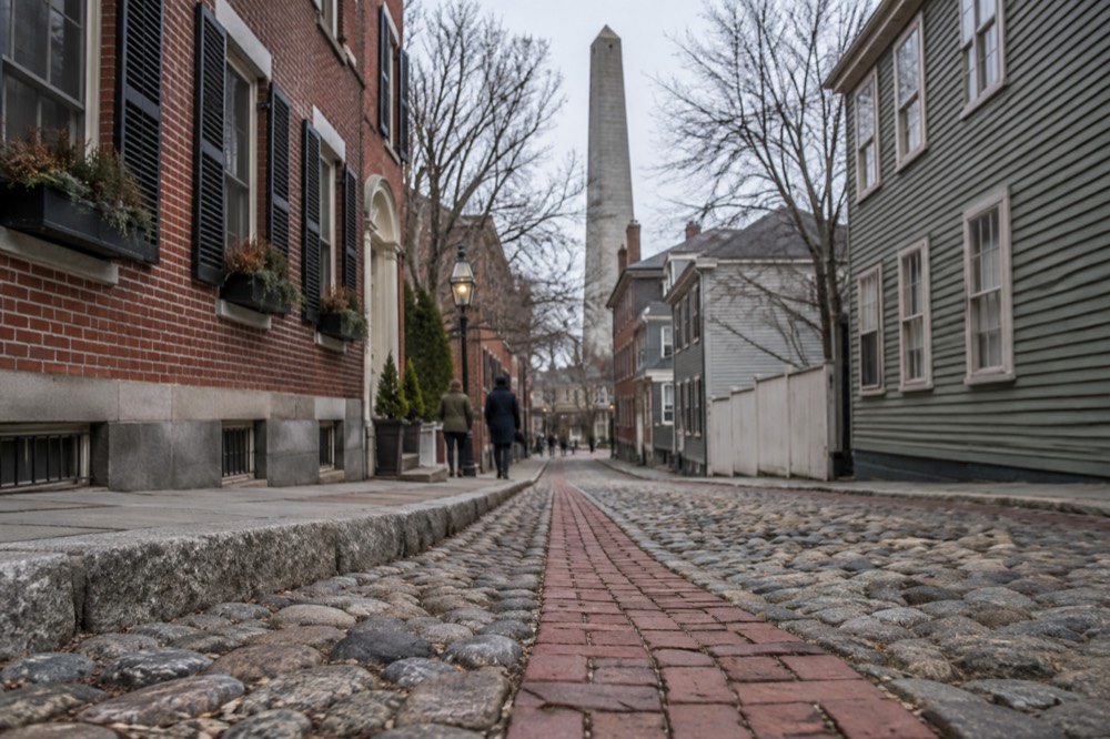 A red brick trail line passing historic buildings on a narrow Boston street
