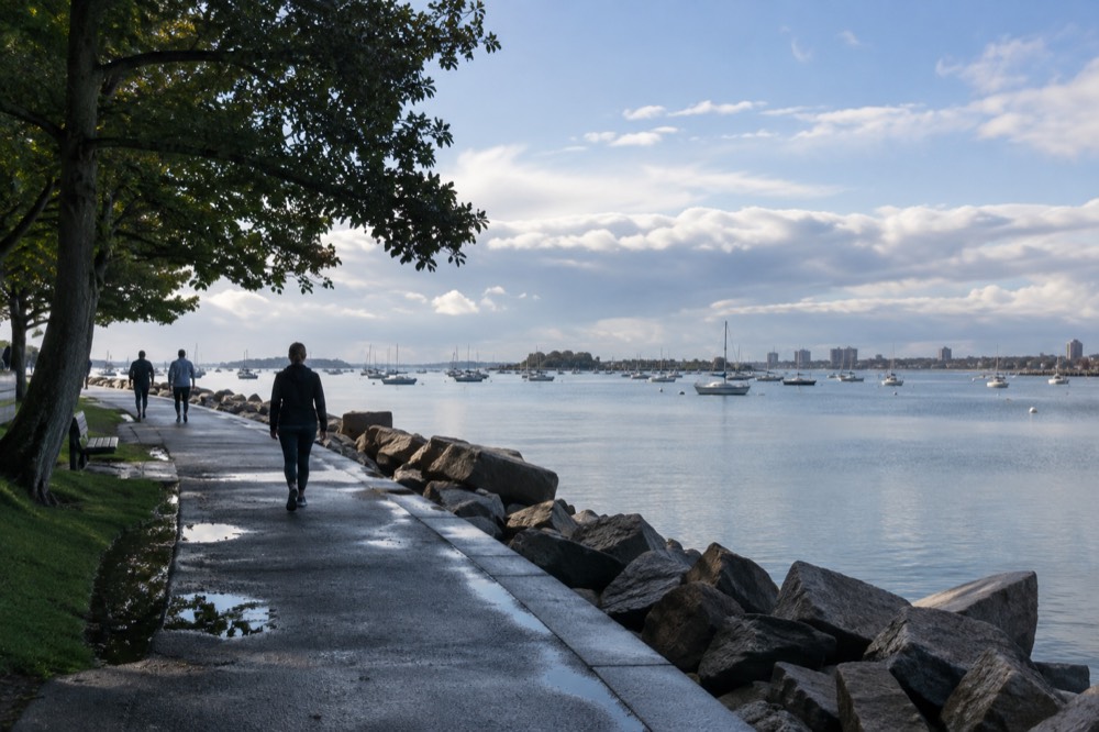 Visitors walking a paved loop path beside calm harbor water with boats in the distance