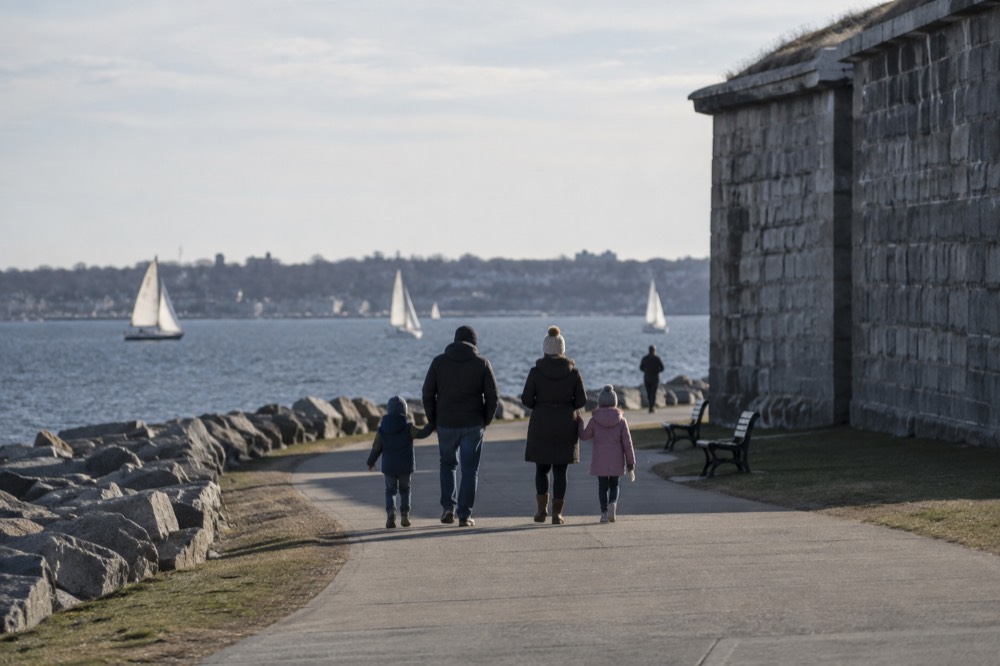 A family walking on a wide paved path with a granite fort wall on one side and sailboats on open water