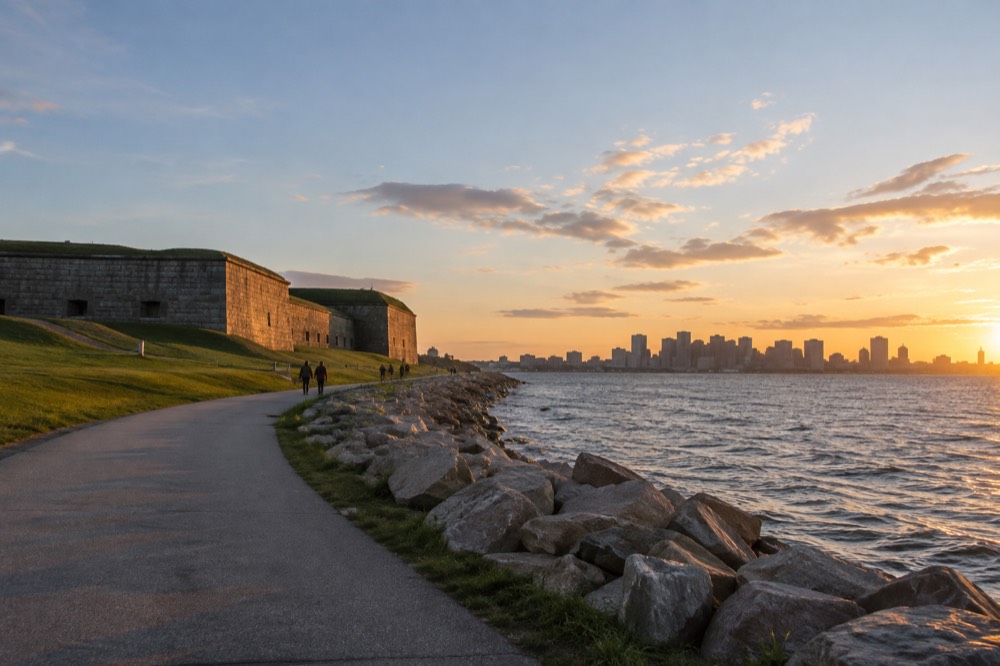 A wide view of a harbor peninsula with a fort, a path, and the city skyline in the distance