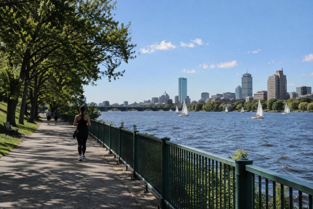 A tree-lined riverside path along the Charles River Esplanade with sailboats on the water