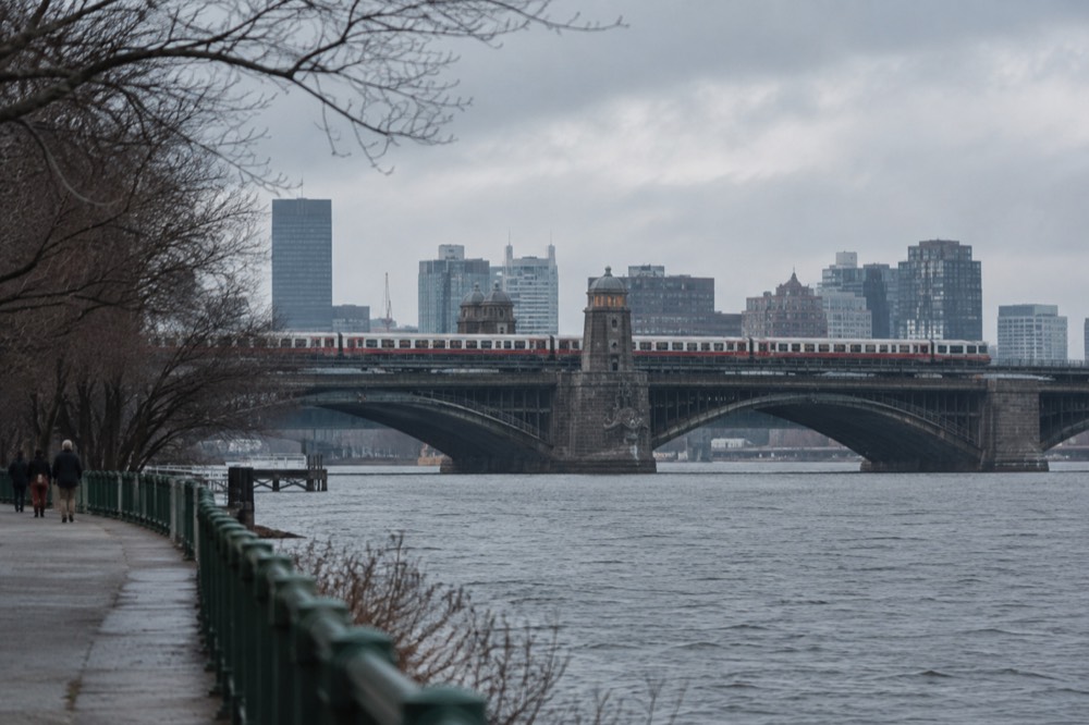 A Red Line train crossing the Longfellow Bridge over the Charles River