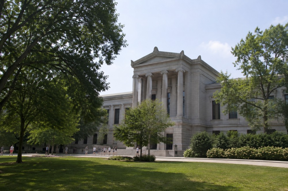 The Museum of Fine Arts facade on Huntington Avenue on a summer afternoon