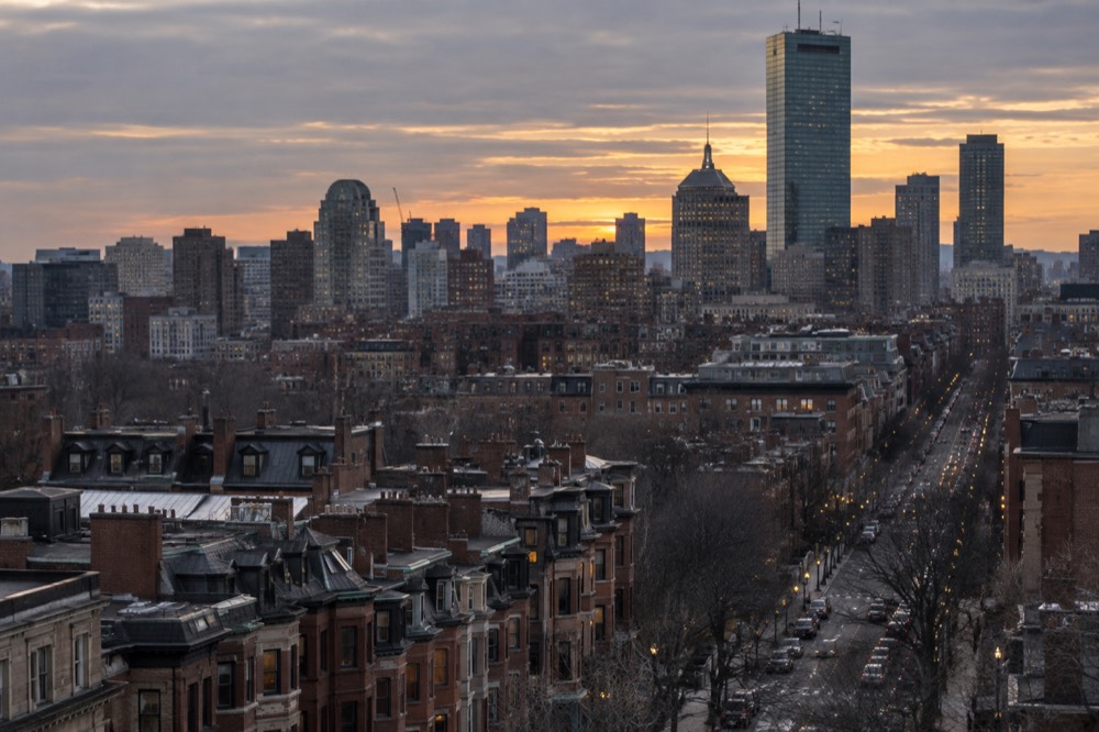 The Back Bay skyline seen from above with Copley Square and the Hancock tower at sunset