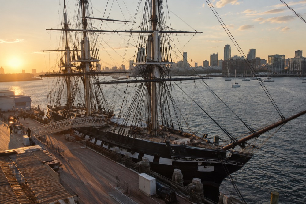 The USS Constitution moored at the Charlestown Navy Yard across the water from Everett
