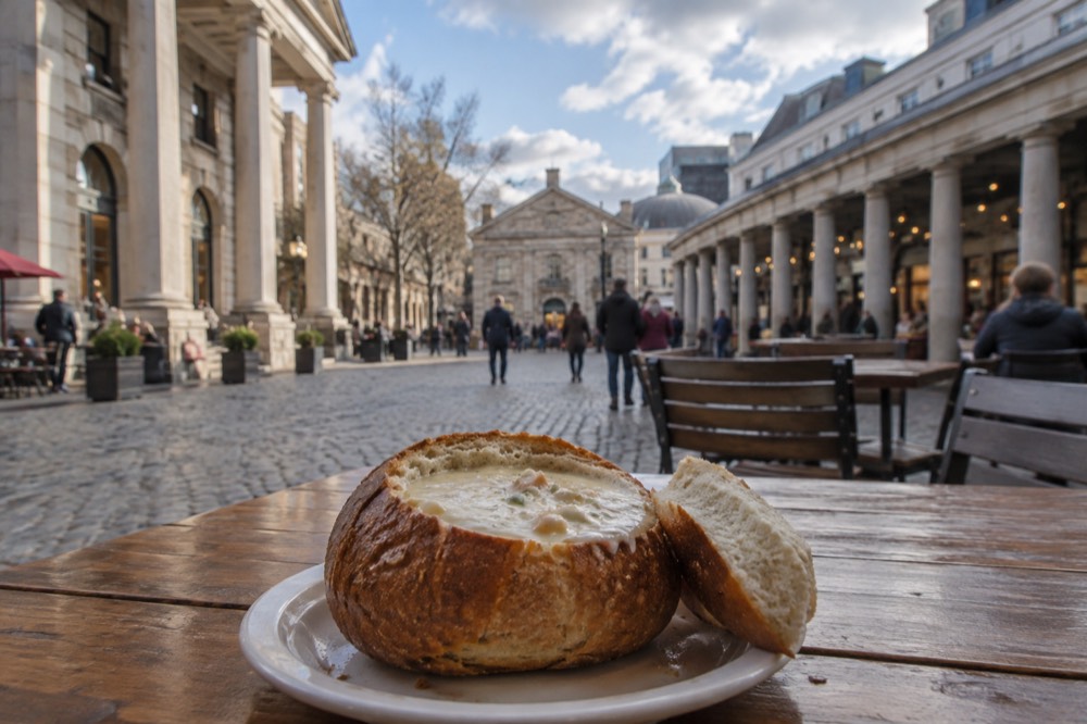 A bowl of clam chowder in a bread bowl on a wooden table in a busy market food hall