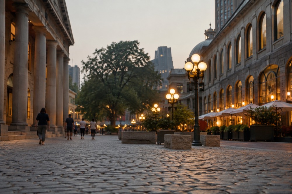 Faneuil Hall Marketplace at dusk with warm lamplight over the cobblestone square and historic facades