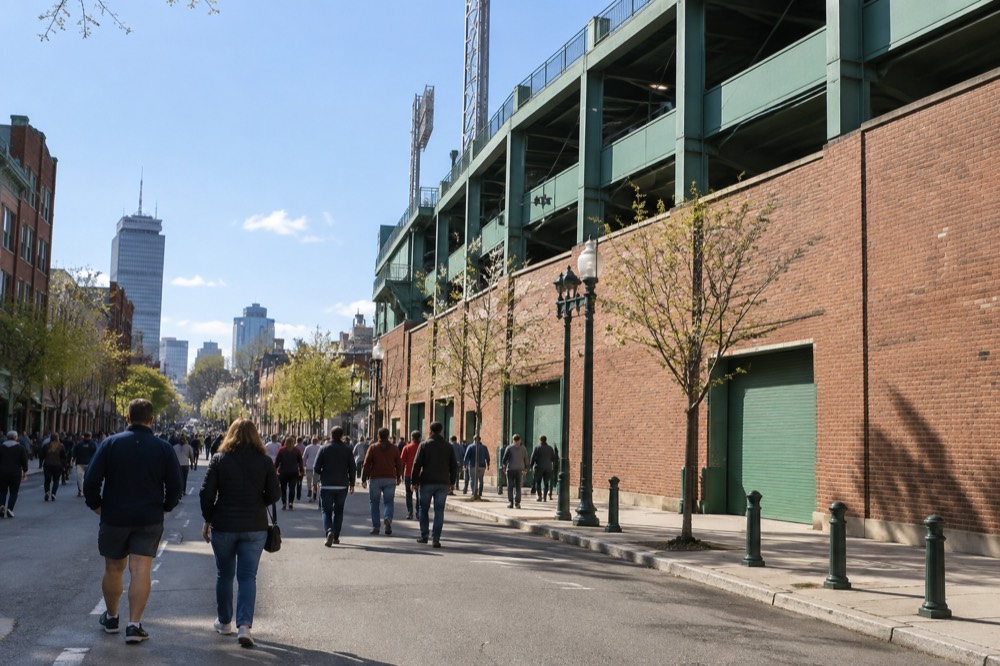 The exterior of Fenway Park ballpark on a bright day with fans walking along the street outside