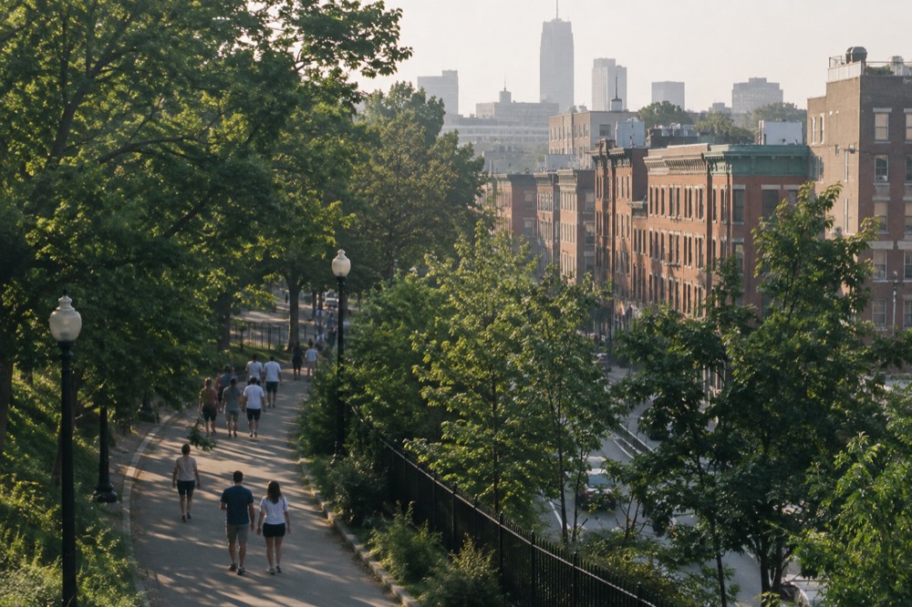 A tree-lined park path near the ballpark with people strolling in the afternoon