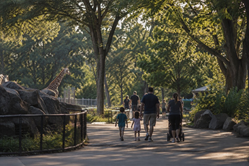 A family walking a zoo path beneath tall shade trees in late afternoon light