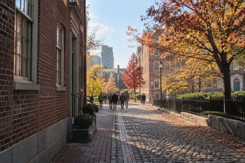 Freedom Trail red line passing colonial brick buildings with autumn trees in Boston