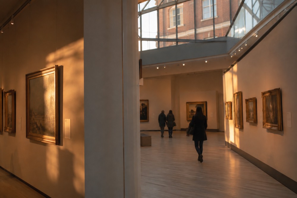 Museum galleries with paintings on the walls and visitors walking through