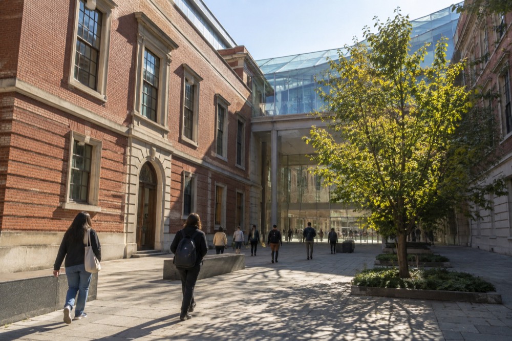 Students and visitors walking through a historic college yard