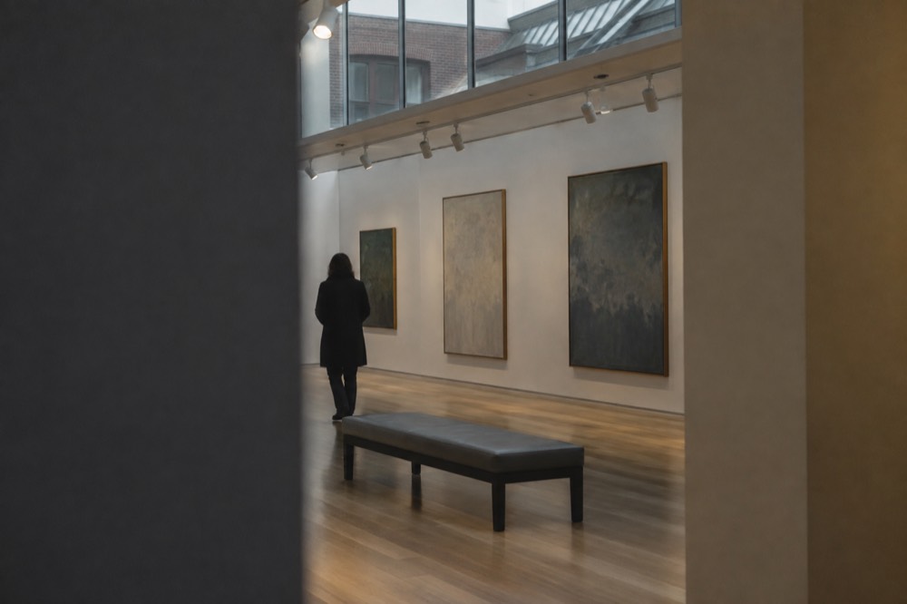 A quiet gallery corridor with framed artworks and a bench